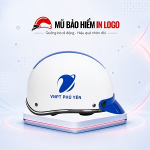 Mũ bảo hiểm in logo nửa đầu (1/2) màu trắng phối xanh dương sơn nhám MBH-17