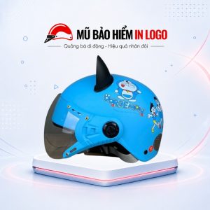 Mũ bảo hiểm in logo cho trẻ em nửa đầu màu xanh dương in hình Doremon sơn nhám MBH-46