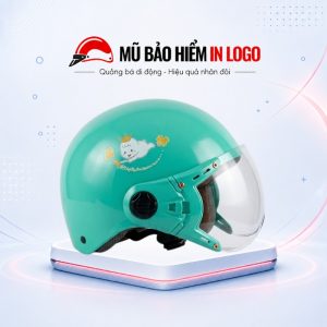 Mũ bảo hiểm in logo cho trẻ em nửa đầu có kính màu xanh mint sơn bóng MBH-48