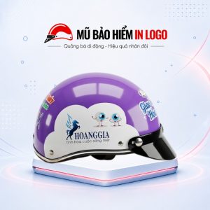 Mũ bảo hiểm in logo cho trẻ em nửa đầu màu tím phối trắng sơn bóng MBH-50